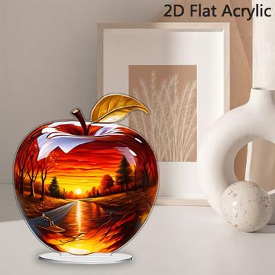2D Acrylic Apples River Landscape Pattern Flat Fruit Decoration Tabletop Apples Ornament for Home Office Desk Shelf Decor