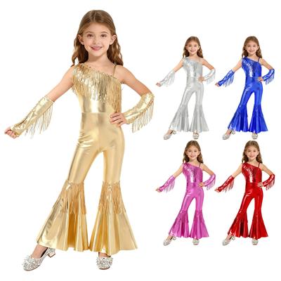 Costume de Danse Jazz Disco pour Filles Sans Manches Une Épaule Paillettes Franges Taille Haute Jambes Évasées Combinaison