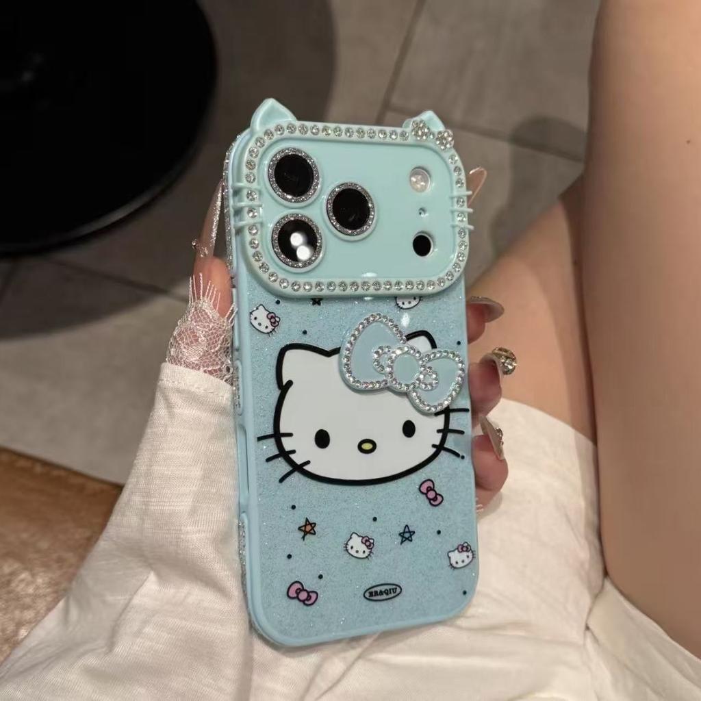 Cartoon Flash Diamond Bow Cat for iPhone17Pro Mobile Phone Case Apple 16promax Cute 15 New