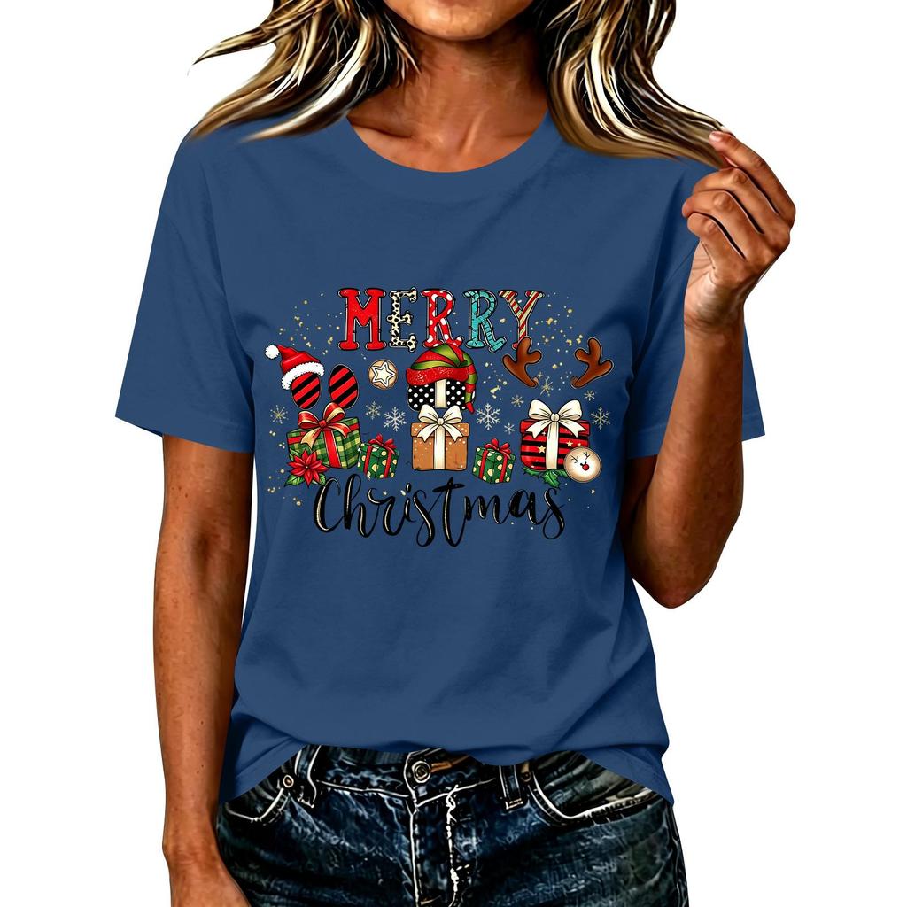 Damen Casual Weihnachten Bedrucktes Kurzarm-T-Shirt mit festlichem Feiertagsdesign