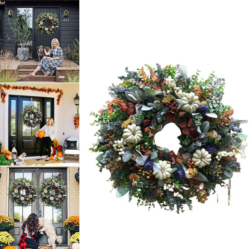 White Pumpkins White Pumpkins Ranunculus Wreath Fall Decor Front Door,Halloween Eucalyptus Wreath House Decoration,DIY Hanging Wreath White Pumpkins Thanksgiving Fall Home Decoration