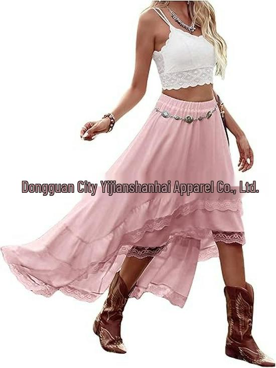 2026 Bohemian Style Printed Waist-Cinched Retro Short Skirt with Elegant Long Lace Design
