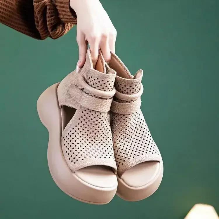 2024 Retro Soft PU Leather Ladies Boots Fashion Woman Sandals Summer Fish Mouth Sandals Wedges Mid Heels Shoe Women Sandalias