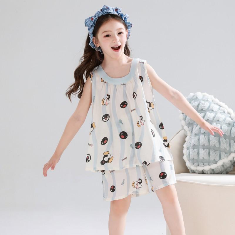 Girls Short Sleeve Pajama Set Cartoon Print Lyocell Sleepwear Home Wear Comfortable Breathable Kids Nightwear