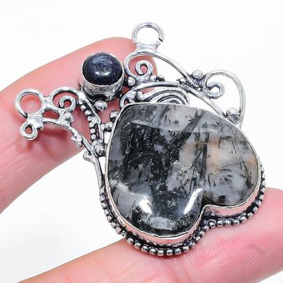 Natural Black Rutile Gemstone Handmade 925 Sterling Silver Pendant 1.77" c0Q41