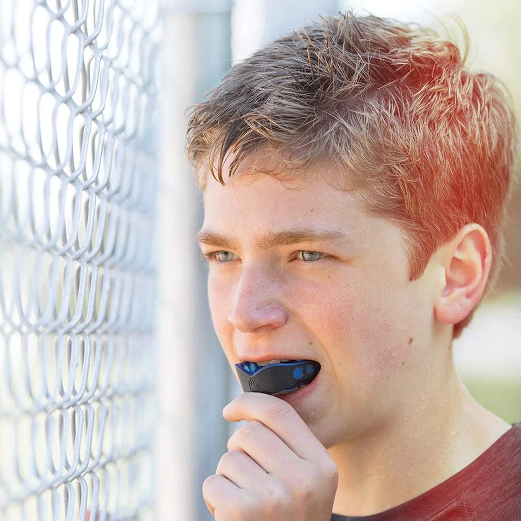 Protège-dents ShockDoctor GELMAX moulé pour entraînement sportif, arts martiaux, adulte, bleu et noir