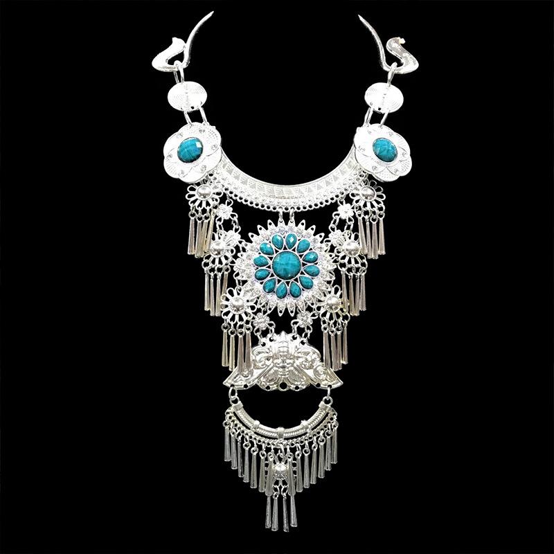 

Landie ethnic style Miao retro collar rhinestone gemstone silver-plated long necklace performance travel photography jewelry necklace синій