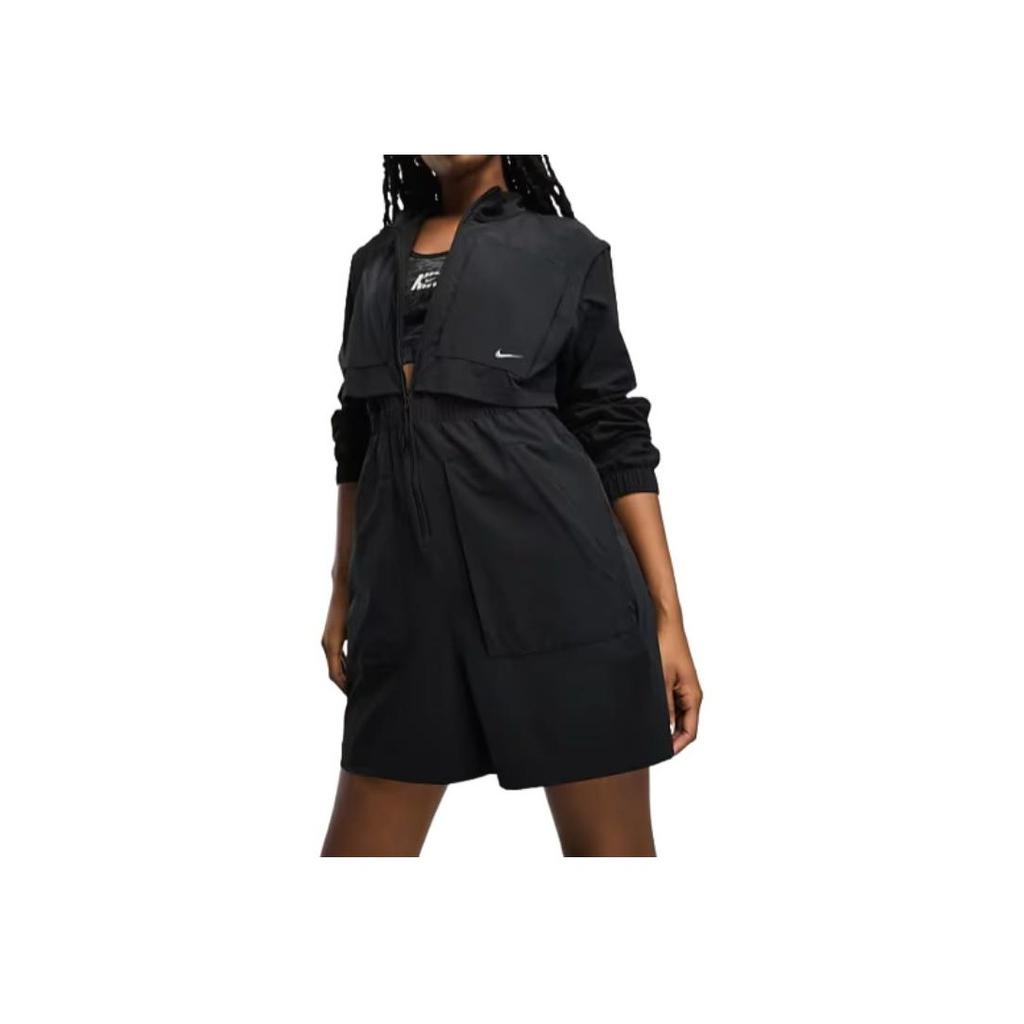 Nike Logo Print Solid Color Zipper Long Sleeve Short Jumpsuit Women Jumpsuits Black DX0149-010
