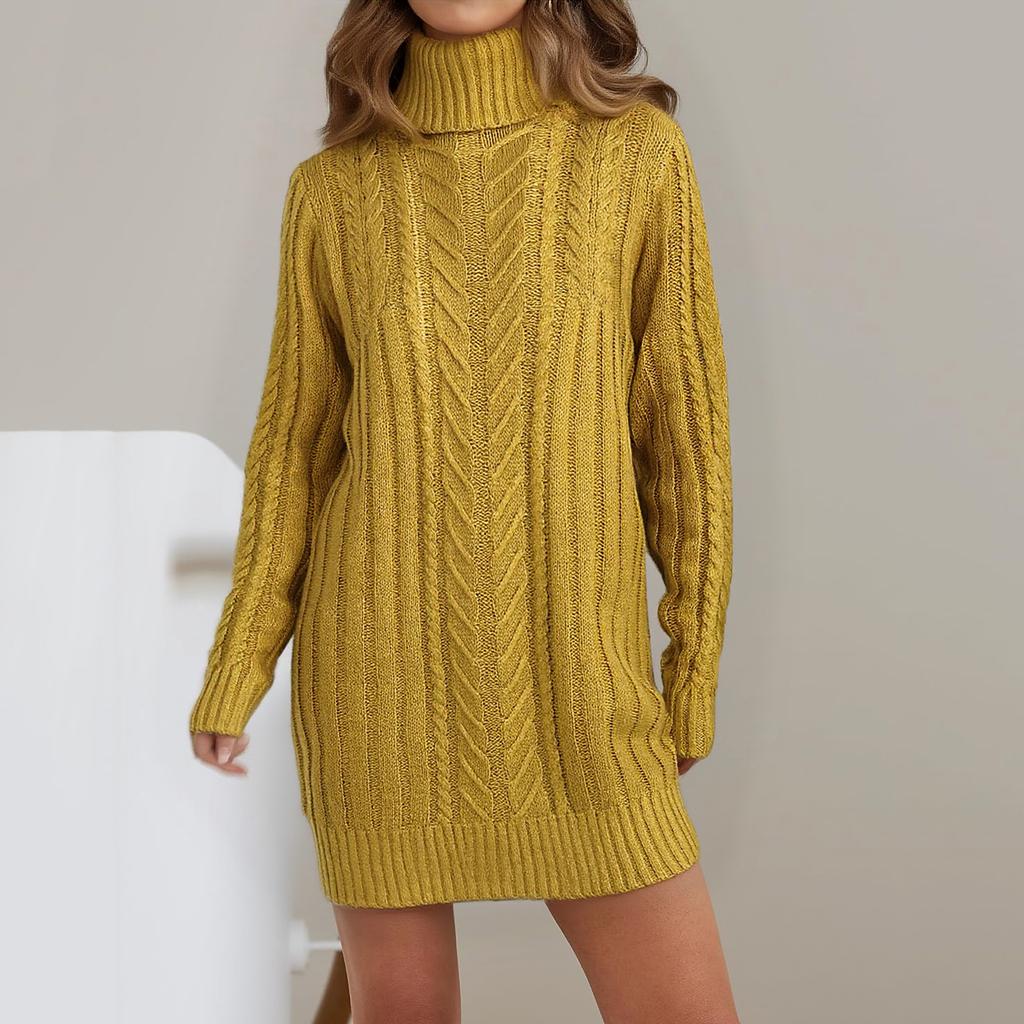 Women's Fall And Winter Knitted Long-Sleeve Turtleneck Cable-Knit Slim-Fit Sweater Dress