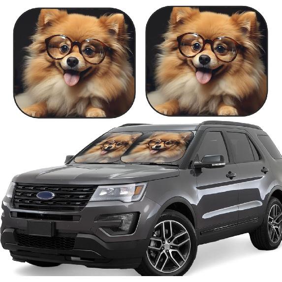 

2 PCS Car Windshield Sun Shade Foldable Sunshade for Car Front Window Automotive Sunshades Blocks Pomeranian Dog Wearing Glasses Sun Visor SUV Front Small чёрный