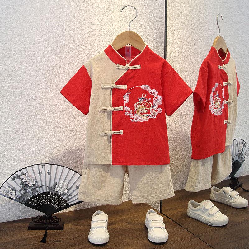 Completo Estivo da Ragazzo a Maniche Corte Stile Cinese per Bambini Hanbok Bello Completo Tang Cotone Lino Sezione Sottile di Abbigliamento Antico