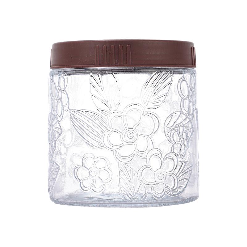 Large Embossed Begonia Flower Glass Storage Jar with Wide Opening for Rock Sugar