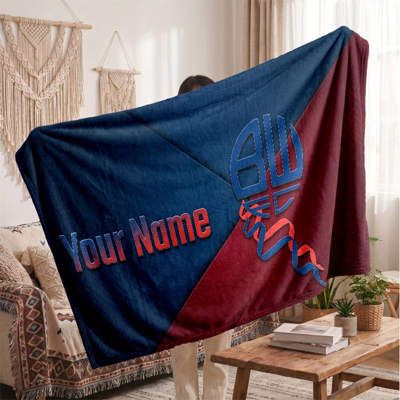 Bolton Wanderers FC Personalized Fleece Blanket With Football Logo, Custom Name Text Soft Warm Home Throw Blanket
