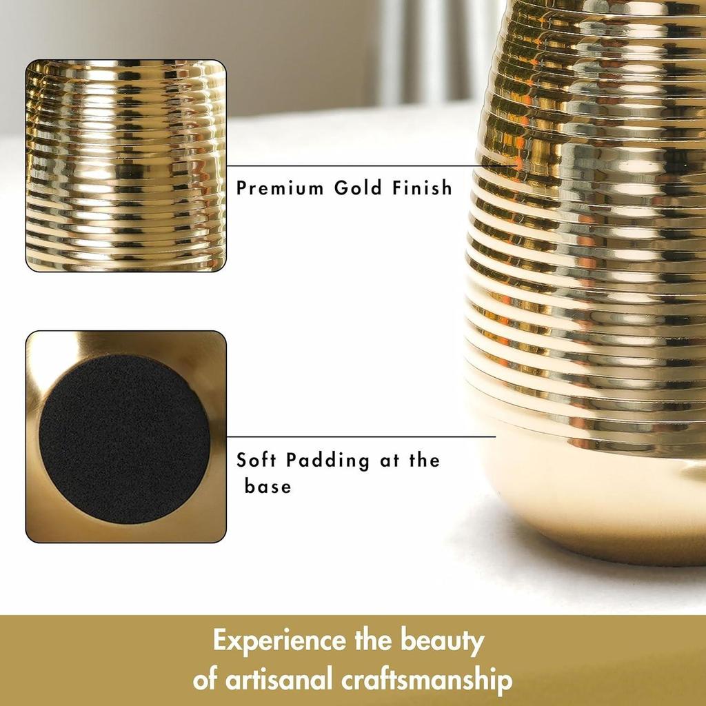 Oval Shape Metal Flower Vase for Home Decor, Ribbed Vase for Office Table Decorations, Modern Vase, Gift