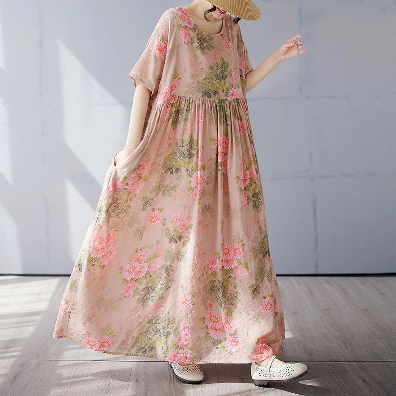 Einfaches böhmisches langes Kleid Sommer neu gefüttert Übergröße Kurzarm Rundhals bedrucktes Kleid Damenbekleidung