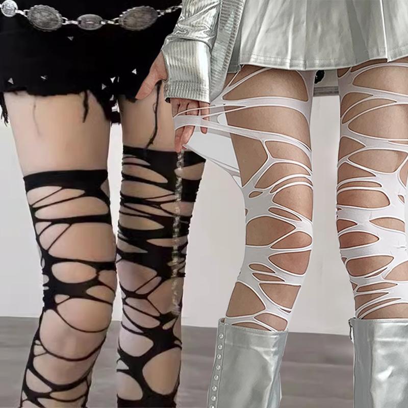Punk Hollow Fishnet Stockings for Women Spider Web Torn Strap Holes Tights Girls Lolita Ragged Pantyhose Party Socks Pantyhose