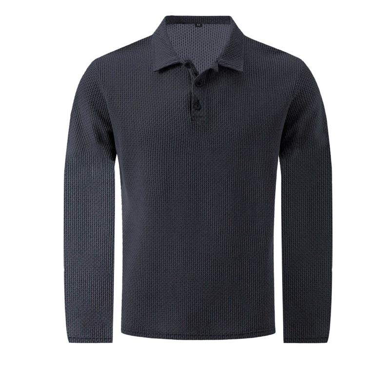 Men's Polo Shirts Fashion Solid Color Mens Long Sleeve Tops Button Mesh T-shirts Yahseng