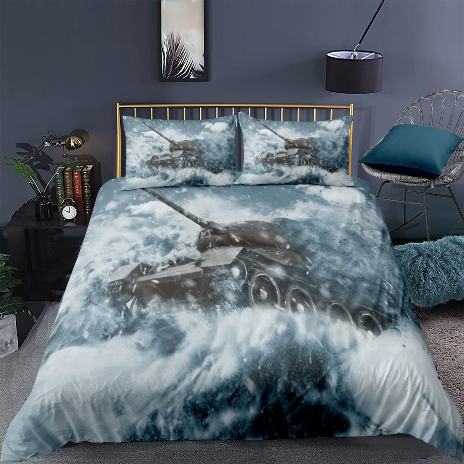 

Cartoon Tank Duvet Cover War Theme Bedding Set For Kids Boys Man Soldier Camouflage Army Polyester King Size EU single(135x200cm)