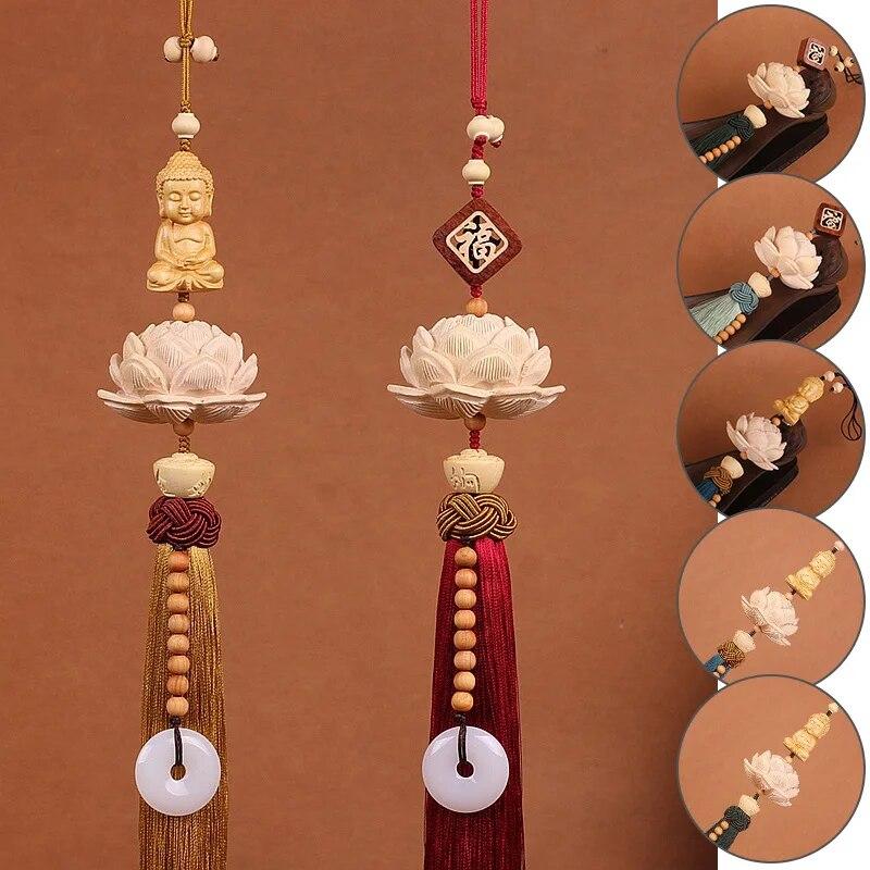 Chinese Style Lucky Fu Wooden Carved Lotus Buddha Statue Pendant Creative Gift Home Car Hanging Accessories Decor Auto Interior