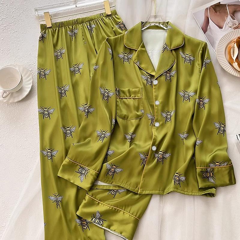 Animal Bee Print Pajamas Set for Women Sleepwear Faux Silk Satin Long Sleeve Pants Female Lounge Spring Fall Cartoon Pyjama
