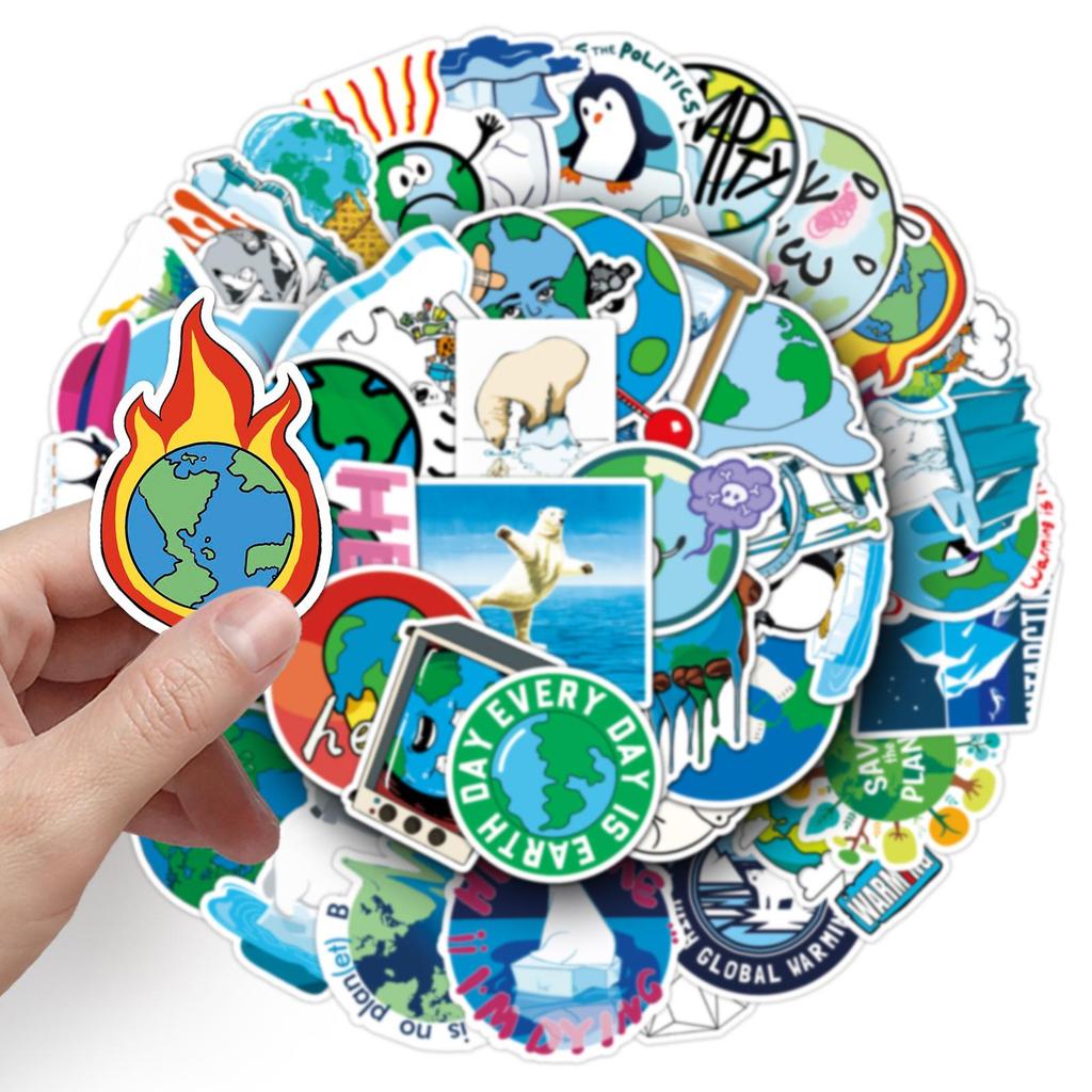 50 Global Warming Graffiti Stickers: Cartoon Eco Warning for DIY Water Bottles & Luggage