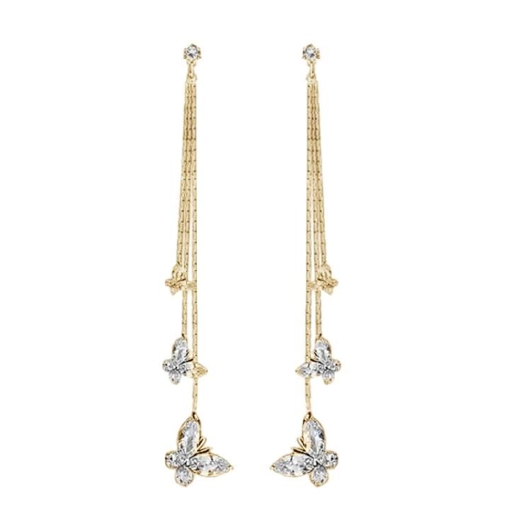 Shimmering Tassels Earrings Featuring 3 Crystal Butterflies Allergy Resistant Zinc Alloy Jewelry For Gift Giving