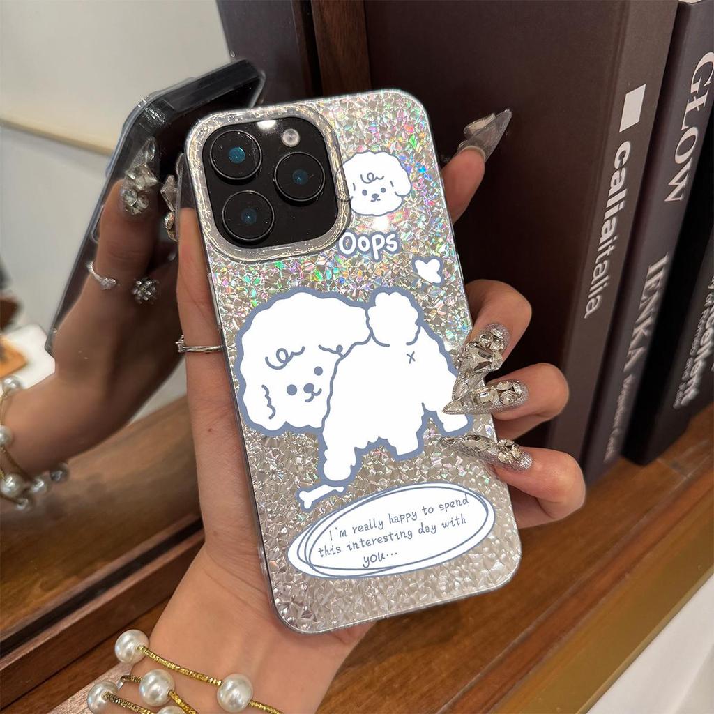 Чехол с изображением шаловливого щенка для iphone 15 Air 18 Pro Max XS Max 16 Plus 14 17 Pro 13 12 11 XR Серебристый фон с трещинами и блестками