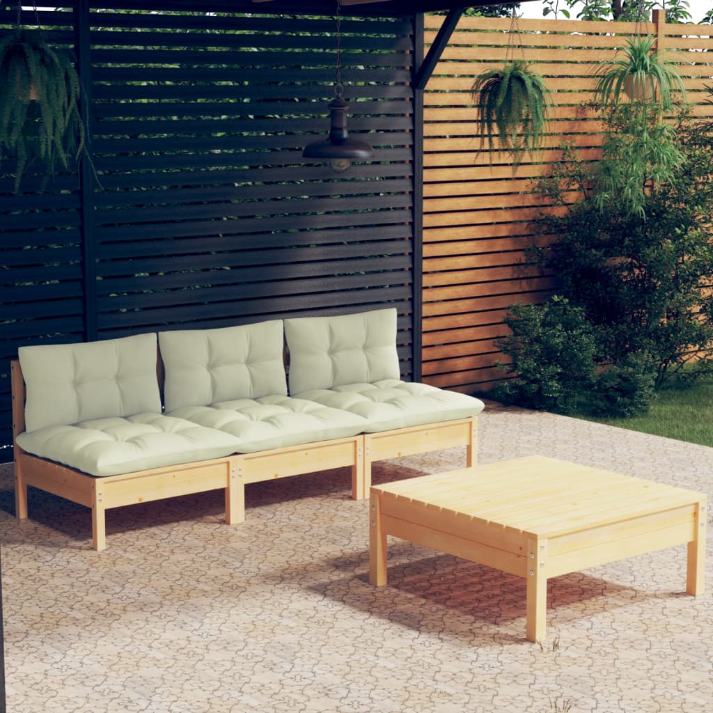 Vidaxl 4-Cz. Garden Lounge Set, Cream Cushions, Pine