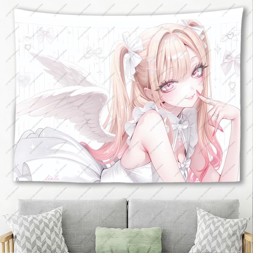 Soft Pastel White Wing Angel Girl With Big White Bows Print Tapestry Cute Y2K Anime Dorm Wall Decor