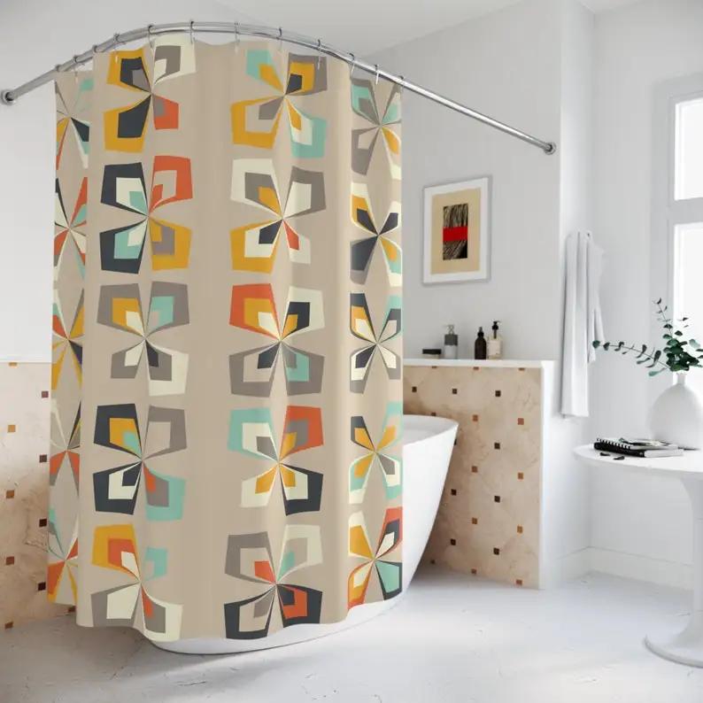 Retro 60S-70S Mid Century Modern Shower Curtain - Abstract Vintage Floral, Brown Orange & Teal, Mcm Bathroom Decor