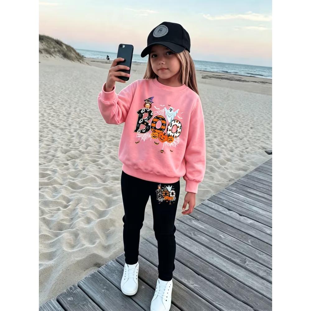 Girls' Halloween Boo Casual Comfortable Soft Loose Pullover Sweatshirt and Leggings 2-Piece Set, New Autumn/Winter, Playful, Sweet and Cool Style