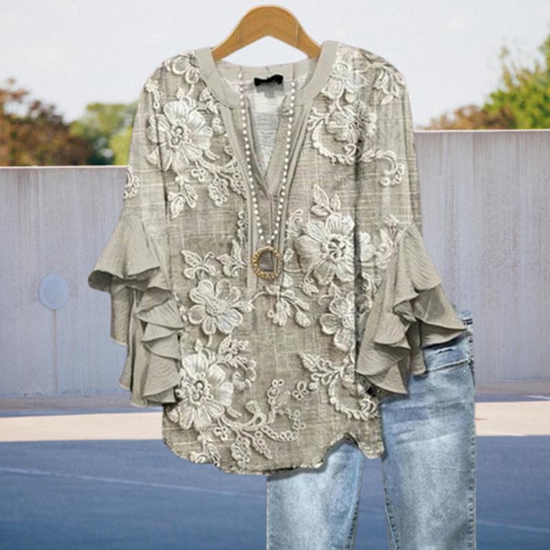 European & American Khaki Lace Floral V-Neck Ruffle Mid-Sleeve Women's Top