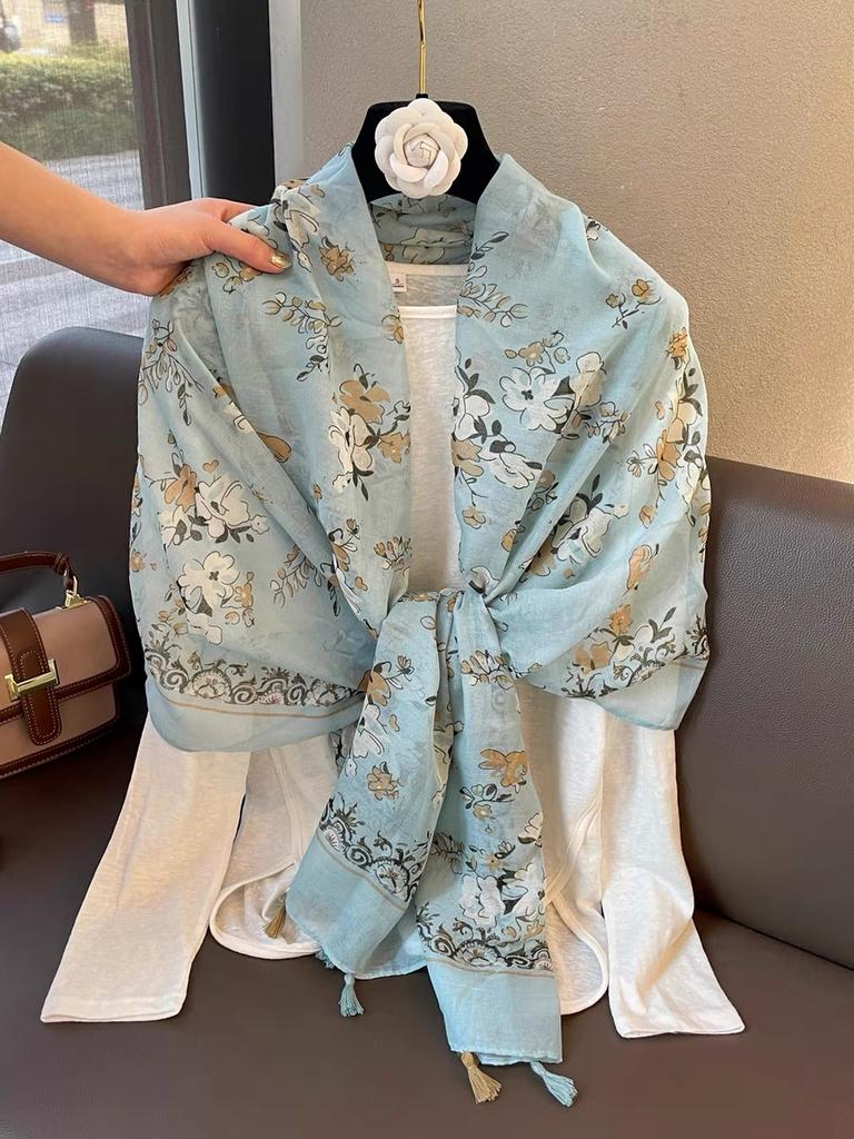 Women'S Floral Print Scarf 180X90Cm Warm Fashion Shawl With Tassels Lightweight Rectangular Sand-Proof Beach Wrap Muslim Hijab