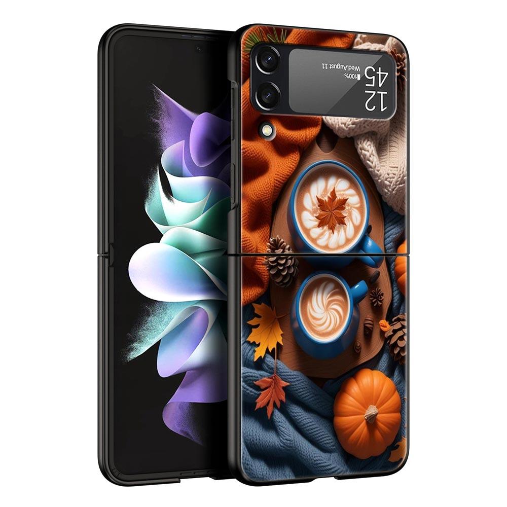 Pumpkin Autumn Leaves Coffee Hard PC Phone Case For Samsung Galaxy Z Flip 7 6 5 4 Black Cover For Galaxy Z Flip 3 Foldable Shell