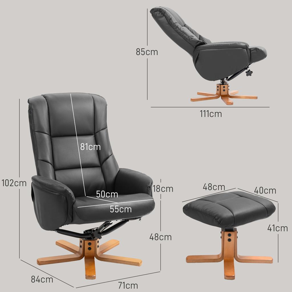 Poltrona reclinabile con poggiapiedi, funzione reclinabile, rivestimento in ecopelle, fino a 150 kg, 71 x 84 x 102 cm, Nero
