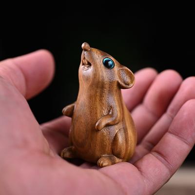 Statuette Holzgeschnitzt Tierkreiszeichen Maus Niedliche Tierfigur Neu Hamster Statue Bürogeschenk