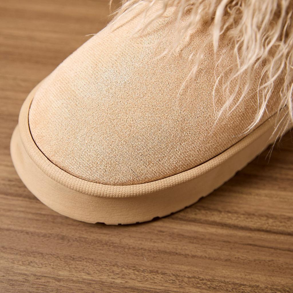 Autumn and Winter Long Haired Mid Length Boots with Thick Soles, Warm Home Cotton Shoes, Casual and Fashionable Snow Boots for Women