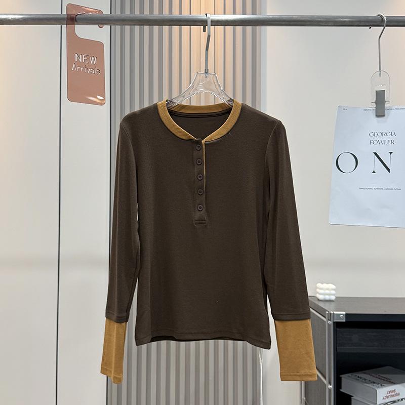 Autumn Slim-fit Color-block Fake Two-Piece Henley Long-Sleeve T-shirt for Women