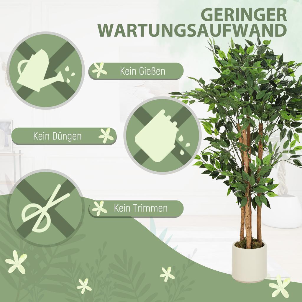 Arbre Ficus Artificiel 120cm, Faux Arbre en Pot avec Tronc en Bois Massif et Pot pour Intérieur, Vert