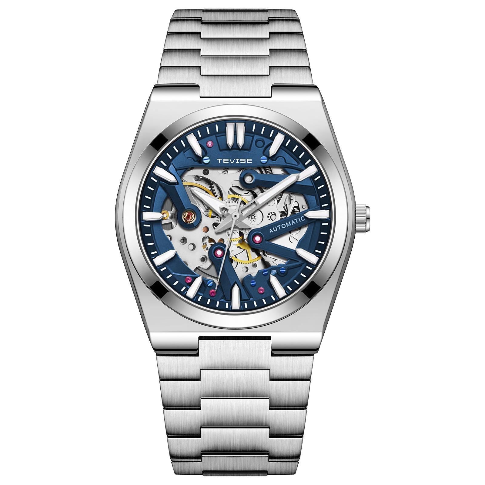 

Mens Automatic Mechanical Watch Skeleton Dial Luxury Wrist Watch with Stainless Steel Band Luminous Waterproof срібний/синій