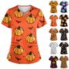 Blusa de bolsillo de trabajo con cuello en V y manga corta con estampado de Halloween para mujer