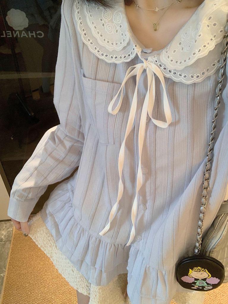 Women's Plus Size Lace Ruffle Doll Collar Long Sleeve Shirt
