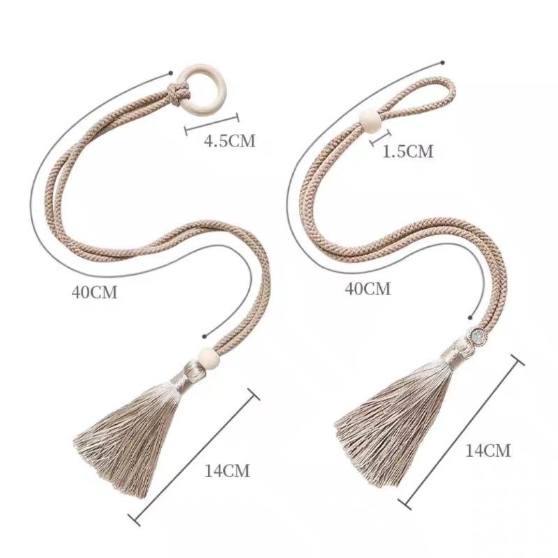 2 Piezas Chic Bohemio Cordón de Algodón Ajustable Cortina Amarre Borla - Tejido a Mano, Correa Hebilla de Cortina con Anilla de Madera
