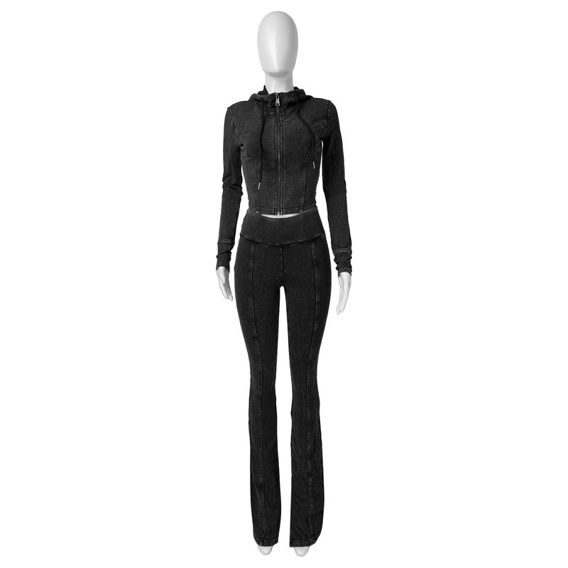 

2025 Hooded Flared Pants Two-piece Casual Set Black XL