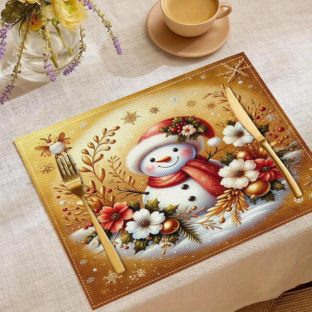 Christmas Snowman Floral Heat Resistant Washable Table Placemats Holiday Tableware Dining Kitchen Decor 4 Piece Set