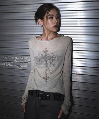 Nomaenyueol Cross Sheer Long Sleeve Tee - Warm Gray