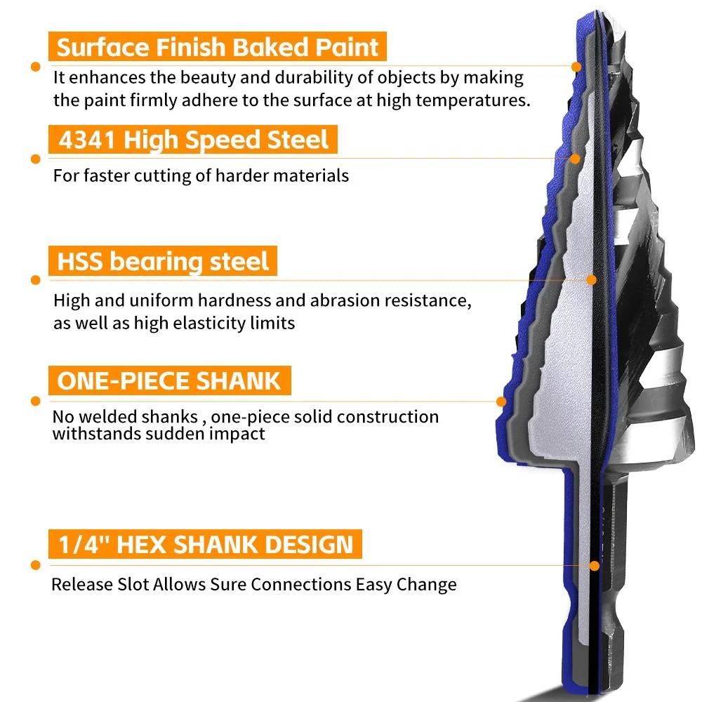Stainless Steel Perforated Step Drill Bit 5Pcs Four Spiral Flute Step Bits for Metal 43 Sizes Titanium-Coated HSS Drill Bits Set