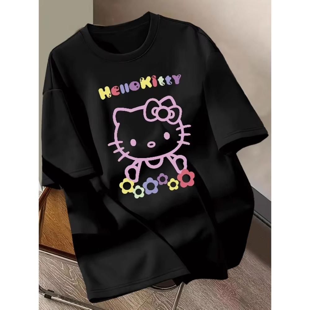 Hello Kitty Unisexs Casual ShortSleeve TShirt Black with Colorful Cartoon Print Round Neck Fun Pattern Unisexs TShirt