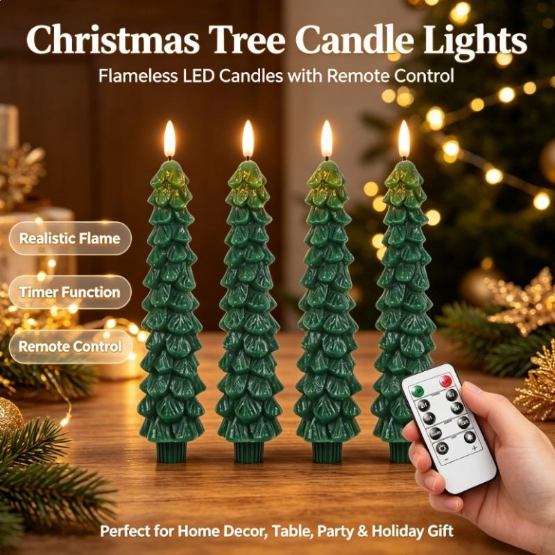 4/2pcs Christmas Tree LED Flameless Candles Light with 3D Flame Wick Green LED Candlesticks Operated for Christmas Home Decor