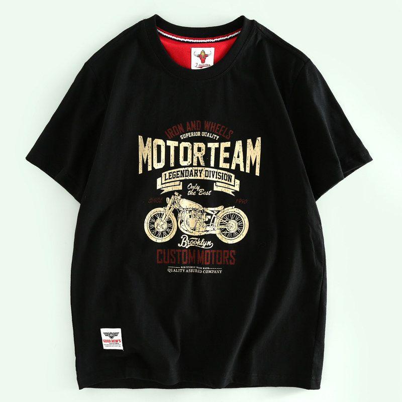 Foreign Trade Export Balance Cut the Tag Off Pure Cotton Short Sleeve T-shirt Men Summer Heavy Weight Sanding Retro Locomotive Print Half Sleeve Shirt